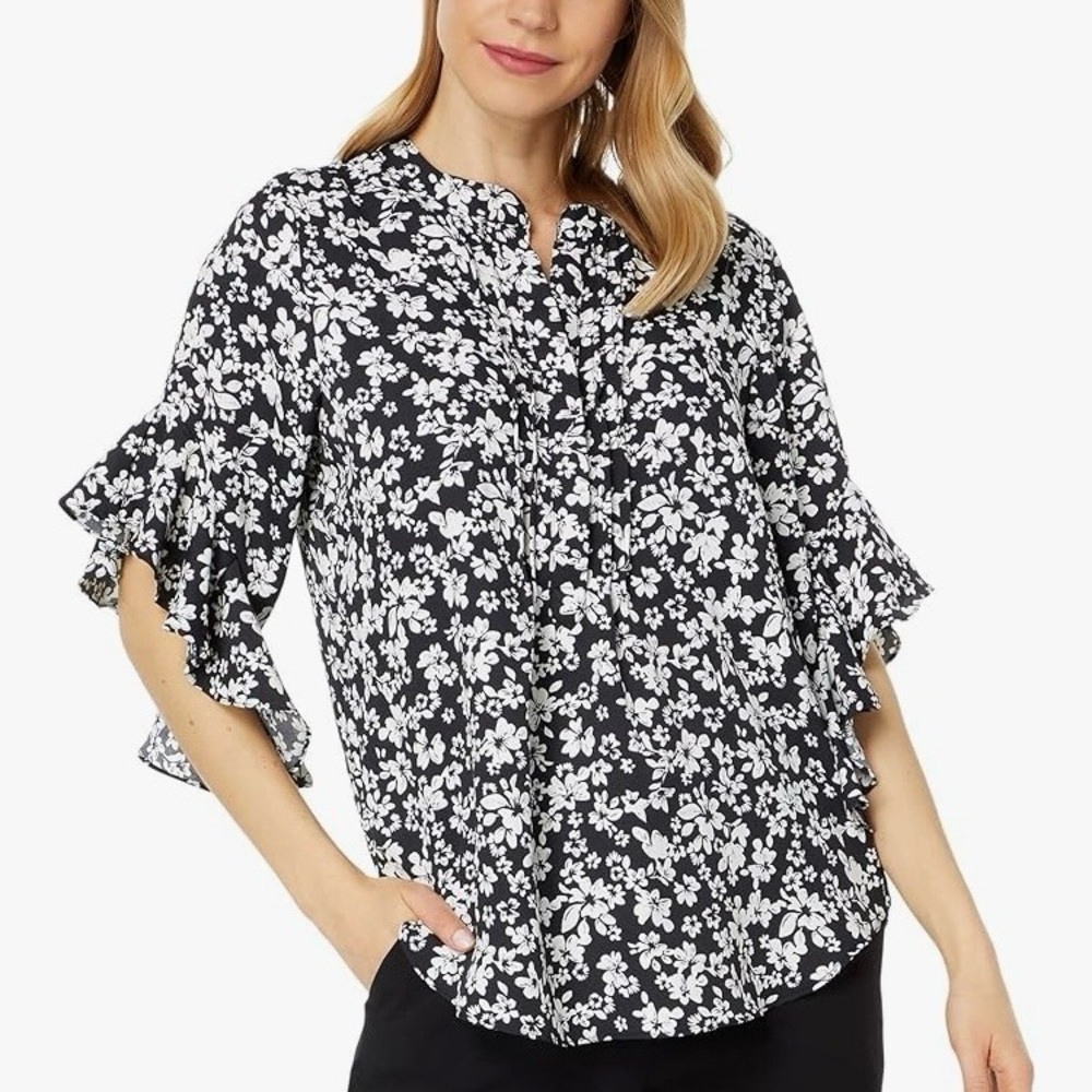 Vince Camuto Black & White Floral Ruffle Sleeve Women's Blouse SzXL